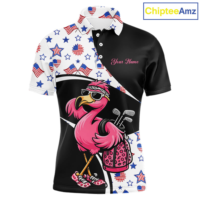 Funny Pink Flamingo Pattern American Flag Golf Polo Shirt For Men, Custom Flamingo Golf Shirt For Team NHT655