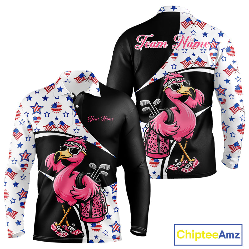 Funny Pink Flamingo Pattern American Flag Golf Polo Shirt For Men, Custom Flamingo Golf Shirt For Team NHT655