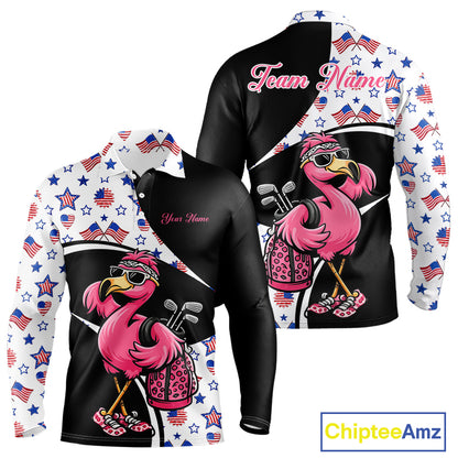 Funny Pink Flamingo Pattern American Flag Golf Polo Shirt For Men, Custom Flamingo Golf Shirt For Team NHT655