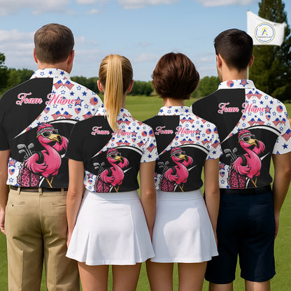 Funny Pink Flamingo Pattern American Flag Golf Polo Shirt For Men, Custom Flamingo Golf Shirt For Team NHT655