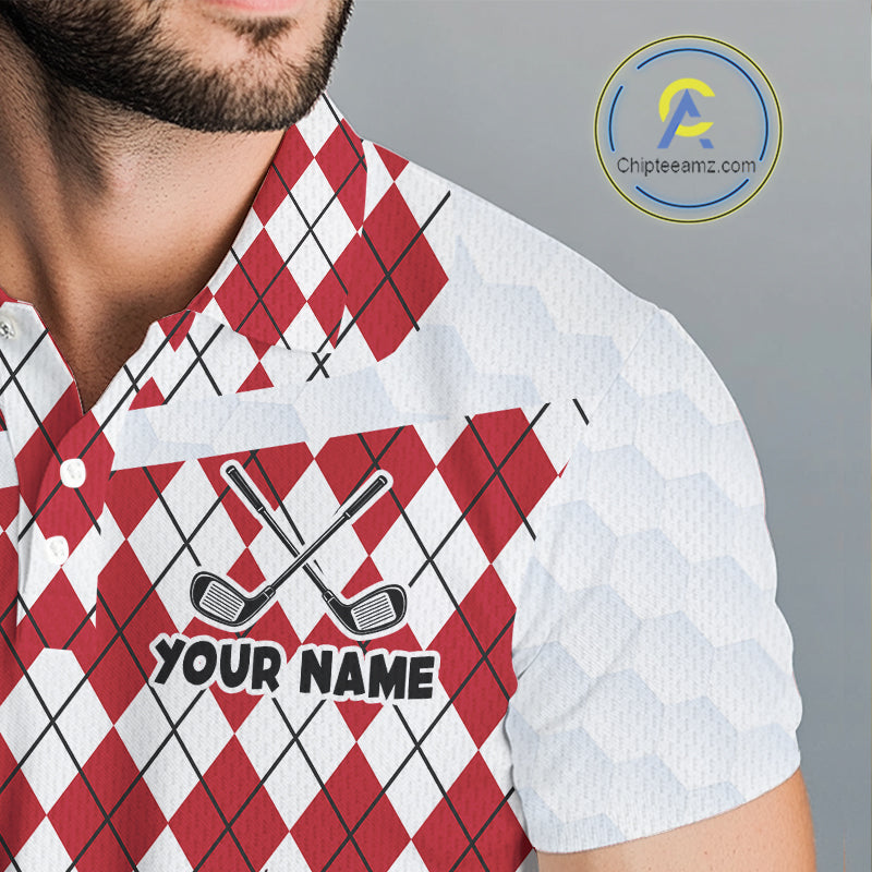 Mens Golf Polo Shirt Argyle Pattern Golf Shirts For Mens Funny Golf Ball Shirt Gifts|Red  NHT861