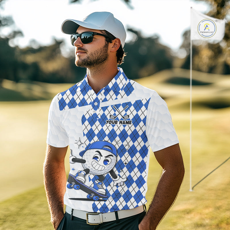 Mens Golf Polo Shirt Argyle Pattern Golf Shirts For Mens Funny Golf Ball Shirt Gifts|Blue NHT862