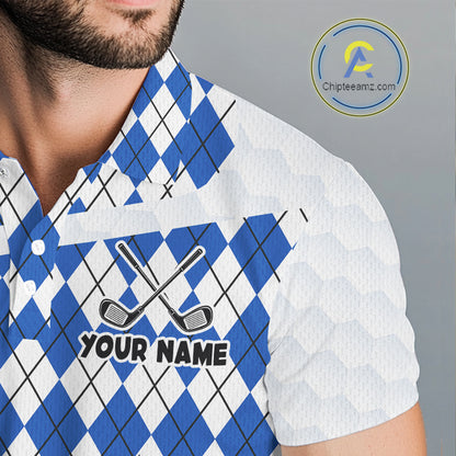 Mens Golf Polo Shirt Argyle Pattern Golf Shirts For Mens Funny Golf Ball Shirt Gifts|Blue NHT862