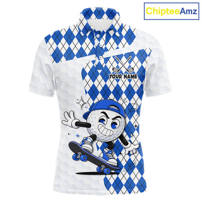 Mens Golf Polo Shirt Argyle Pattern Golf Shirts For Mens Funny Golf Ball Shirt Gifts|Blue NHT862