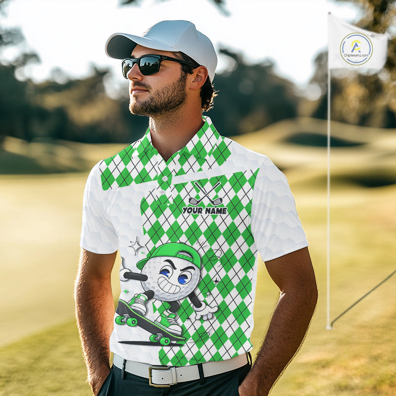 Mens Golf Polo Shirt Argyle Pattern Golf Shirts For Mens Funny Golf Ball Shirt Gifts|Green NHT863