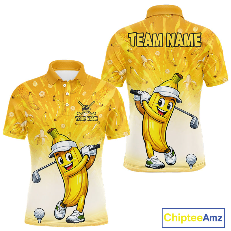 Yellow polo shirt with cartoon banana character holding a golf club, featuring 'Team Name' and 'Your Name' text on a white background.