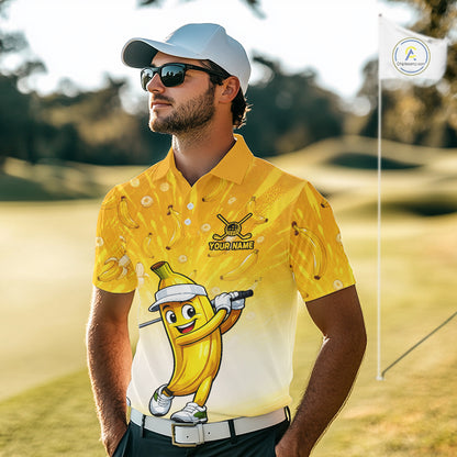 Man wearing a yellow golf shirt with a cartoon banana character on a golf course