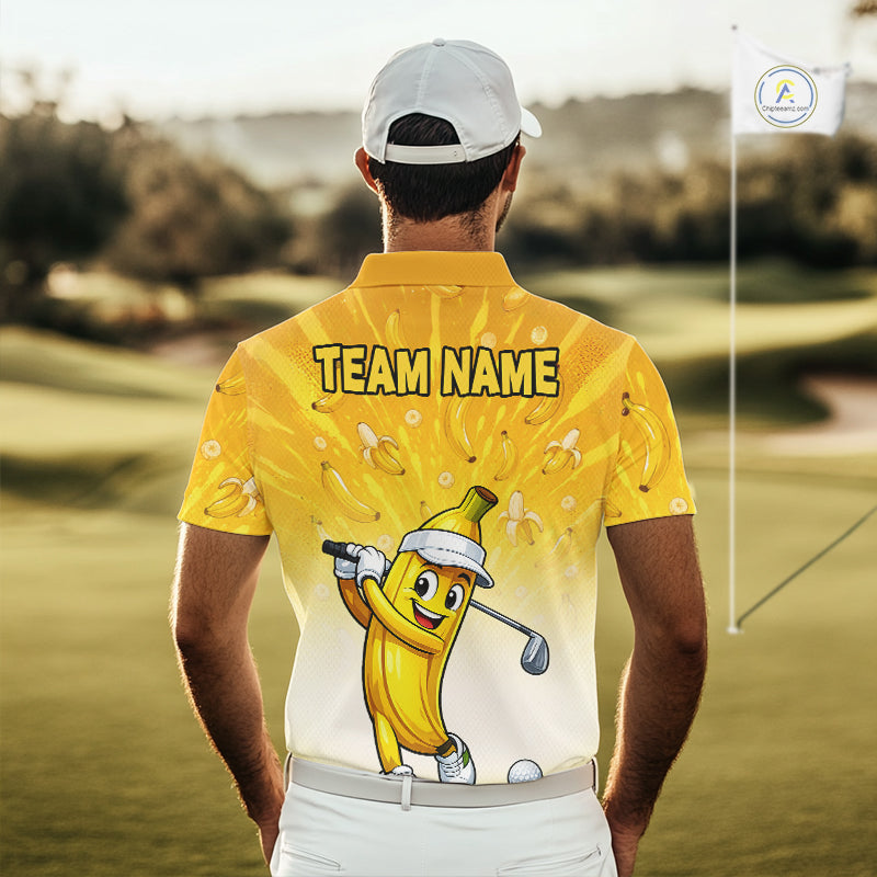 Person wearing a yellow shirt with a cartoon banana character and 'TEAM NAME' text on a golf course