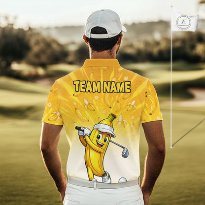 Person wearing a yellow shirt with a cartoon banana character and 'TEAM NAME' text on a golf course