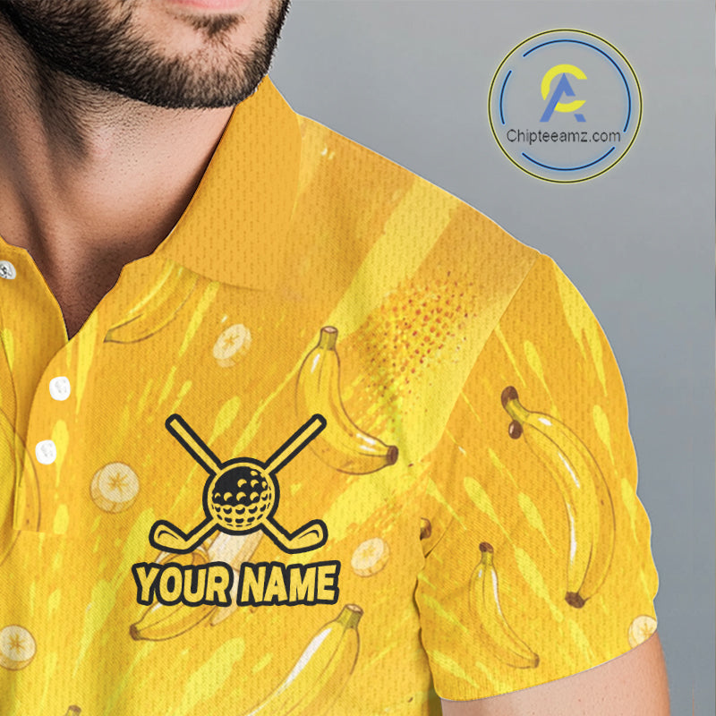 Yellow shirt with banana pattern and customizable text on a gray background