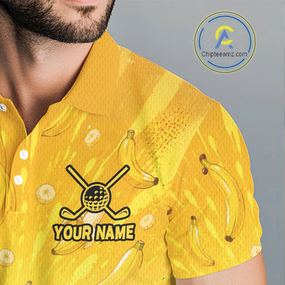 Yellow shirt with banana pattern and customizable text on a gray background
