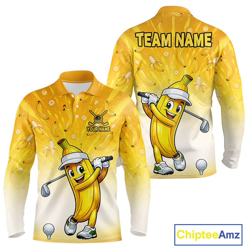 Yellow long-sleeve shirt with cartoon banana character holding a golf club, featuring 'Team Name' and 'Your Name' text on a white background.