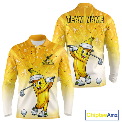 Yellow long-sleeve shirt with cartoon banana character holding a golf club, featuring 'Team Name' and 'Your Name' text on a white background.