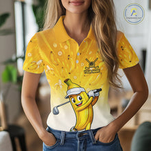 Load image into Gallery viewer, Person wearing a yellow polo shirt with cartoon banana character and customizable text.