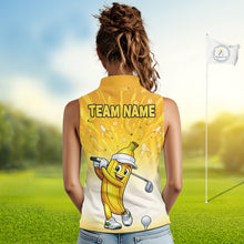 Load image into Gallery viewer, Woman wearing a yellow sleeveless shirt with a cartoon banana character and 'Team Name' text on a golf course.