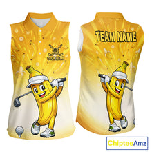 Load image into Gallery viewer, Yellow sleeveless shirt with cartoon banana character and customizable text on a white background