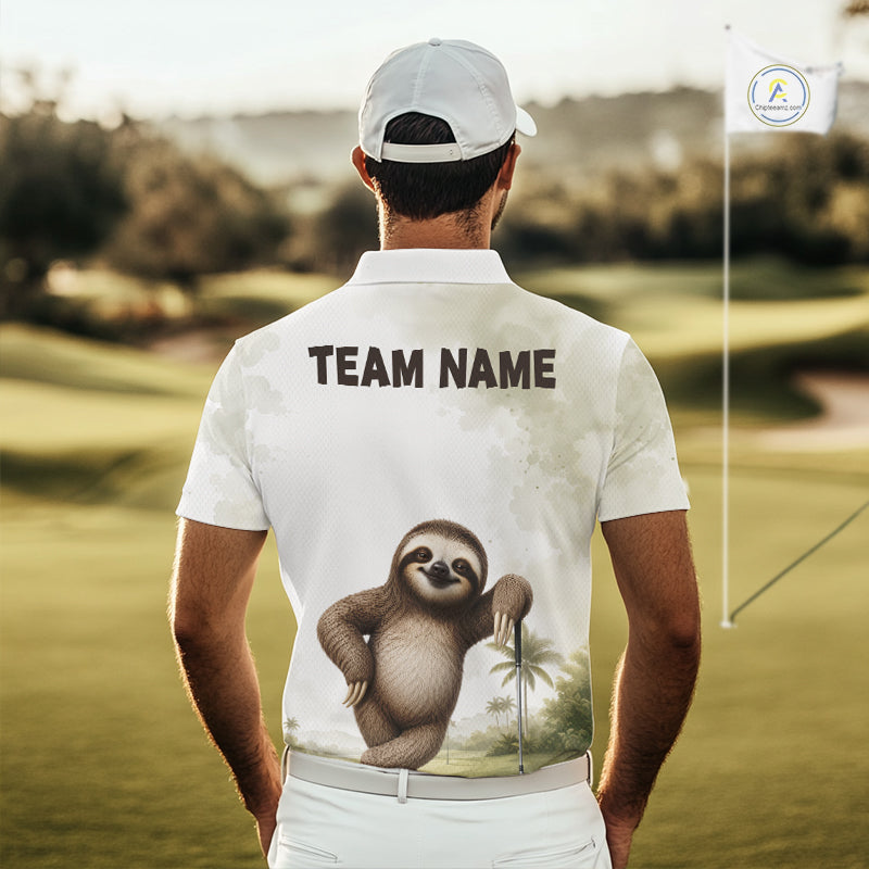 Person wearing a white shirt with a sloth graphic and 'TEAM NAME' text on a golf course.
