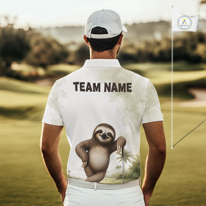 Person wearing a white shirt with a sloth graphic and 'TEAM NAME' text on a golf course.