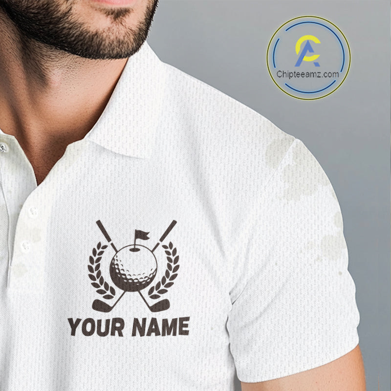 White polo shirt with golf-themed design and 'Your Name' text on a gray background