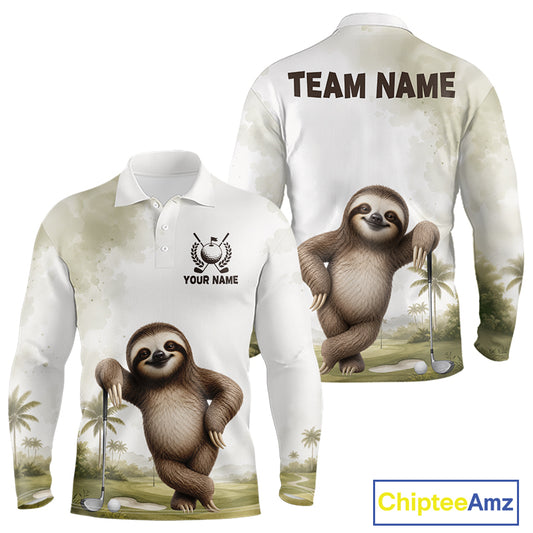 Long-sleeve polo shirt with sloth design and customizable text on a white background