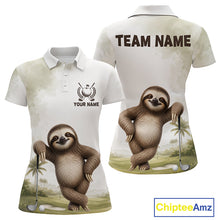 Load image into Gallery viewer, Golf-themed polo shirt with sloth graphics on a white background, featuring 'Chiptee Amz' branding.