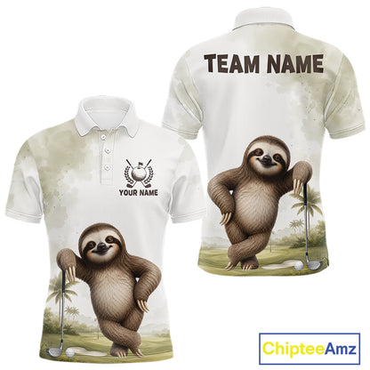 Two polo shirts with sloth graphics and customizable text on a white background