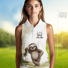 Load image into Gallery viewer, Person wearing a white sleeveless golf shirt with a sloth design on a golf course background