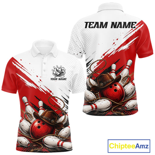 Front and back views of a customizable short-sleeve polo shirt with a bowling theme. The shirt features a white base with red paint-splatter graphics, a graphic of bowling pins, bowling balls, and a cowboy hat on the lower front and back, and customizable text fields 'TEAM NAME' and 'YOUR NAME' printed on the chest and back.