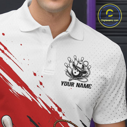 White short-sleeve polo shirt with a black bowling-themed chest graphic and the text 'YOUR NAME', shown on a cropped model torso.