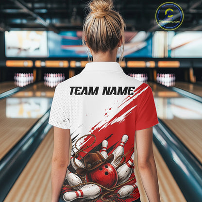 A woman viewed from behind wearing a white and red bowling-themed short-sleeve polo shirt with 'TEAM NAME' printed on the back, standing in a bowling alley.