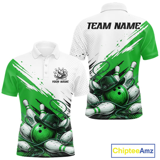 Front and back views of a short-sleeve polo shirt with a bowling-themed graphic print in green, white, black, and gray. The front shows a white upper chest, green brushstroke pattern, and a bowling pin and ball graphic near the hem with placeholder text 'YOUR NAME' and a mascot logo.