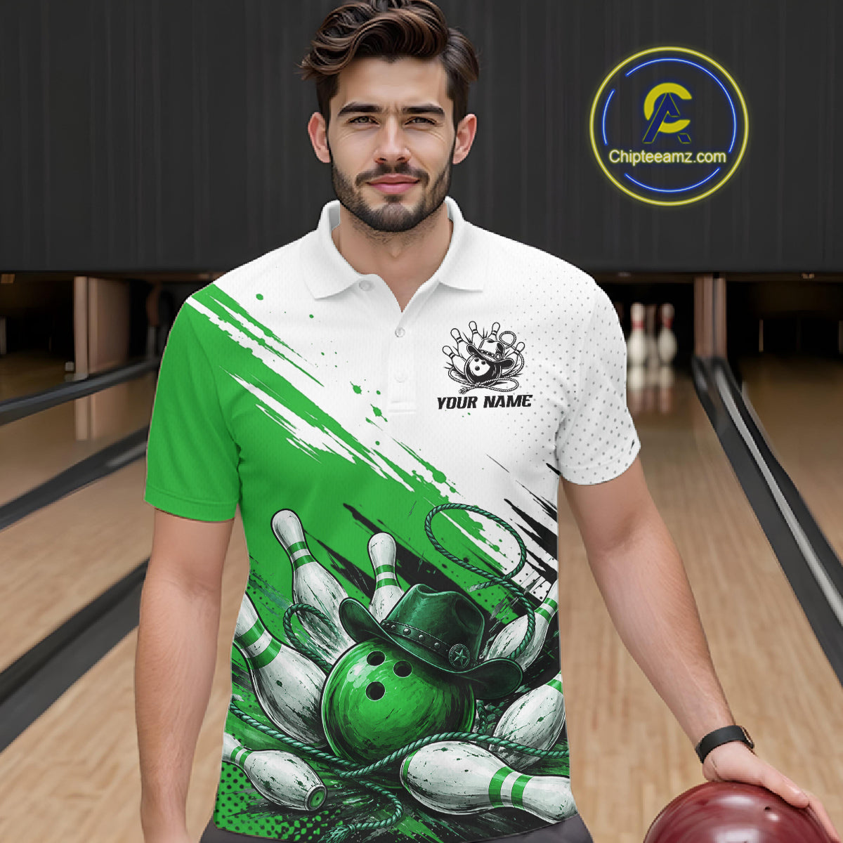 A man wearing a custom bowling-themed polo shirt with a green and white graphic design featuring bowling pins, balls, and a bowler hat. The shirt has a white collar and right sleeve, with a green and black brushstroke pattern on the left side.
