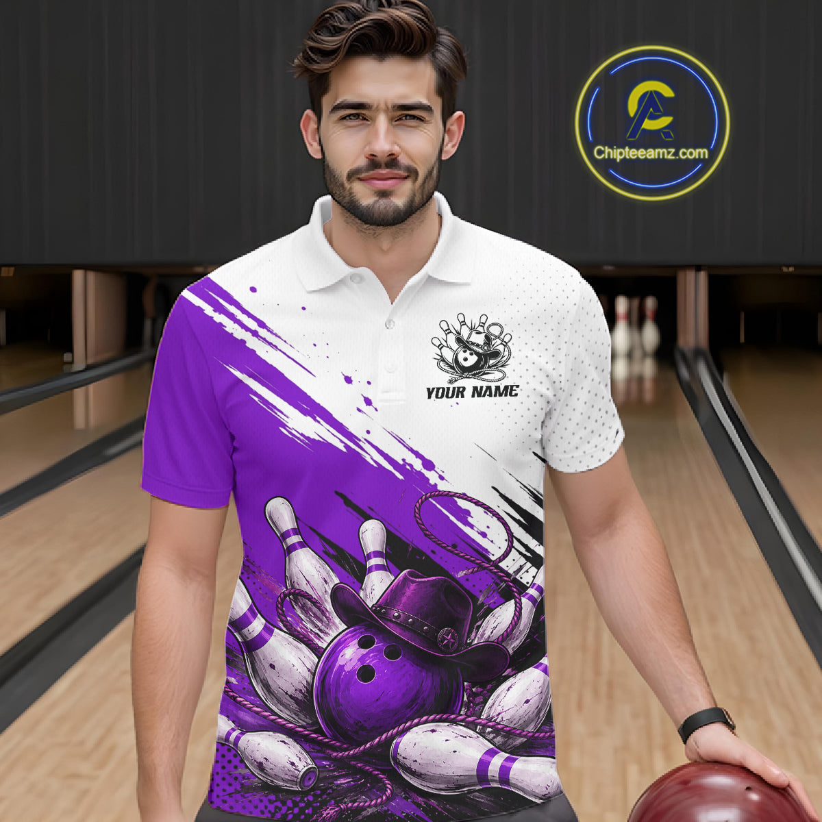 A man wearing a custom bowling-themed polo shirt with a purple and white graphic design featuring bowling pins, balls, and a bowler hat. The shirt has a white collar and right sleeve, with a purple left sleeve and body.