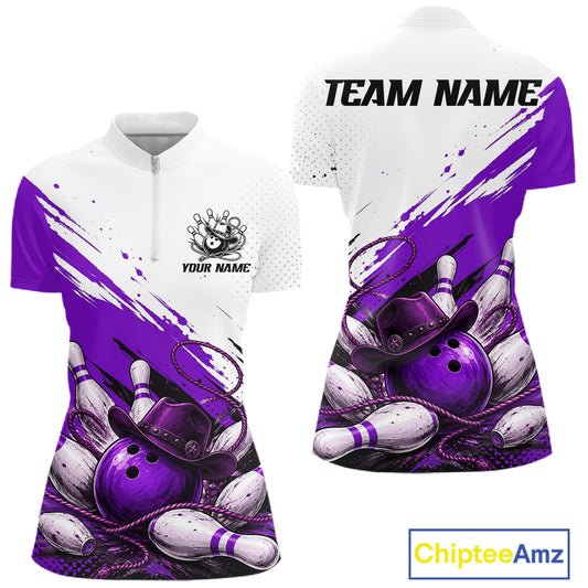 Front and back views of a short-sleeve custom bowling-themed polo shirt. The shirt features a white upper chest and collar, a purple and white brushstroke pattern across the body, and a graphic of purple bowling balls and white pins wearing black cowboy hats.