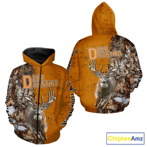 Hunting Shirt with Running Deer Design – Blaze Orange Camo Custom Name 3D Print NHT288