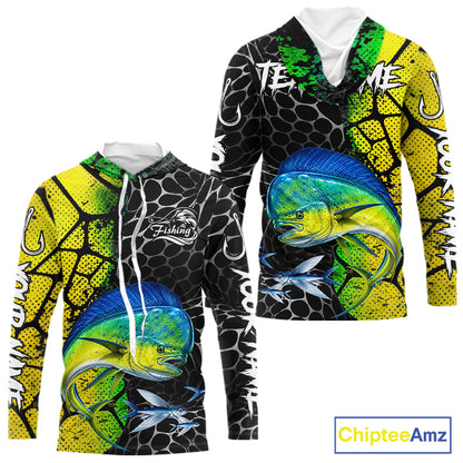 Custom Mahi Mahi Fishing Shirts Hooded Long Sleeve Performance Jersey Long Sleeve Angler Gift NHT1333