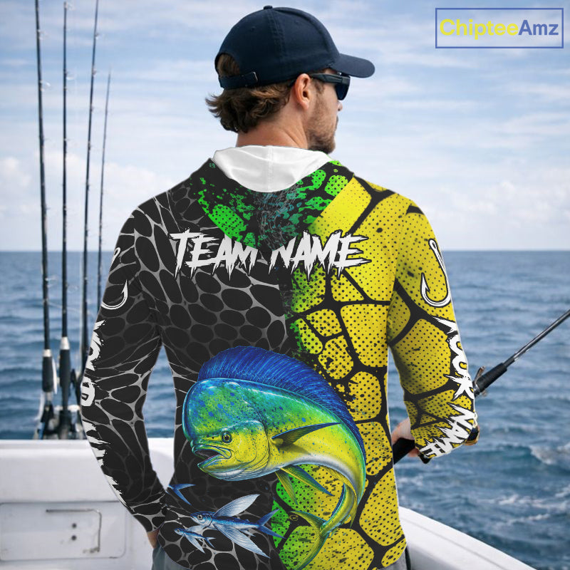 Custom Mahi Mahi Fishing Shirts Hooded Long Sleeve Performance Jersey Long Sleeve Angler Gift NHT1333