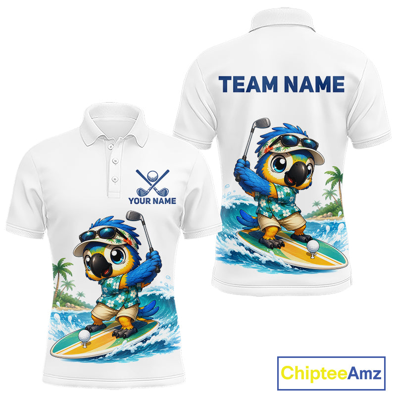 Mens golf polo shirt with surfing parrot graphic, custom name and team, tropical beach design.