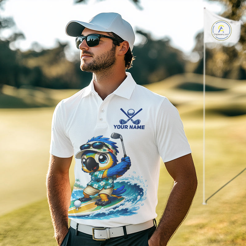 Close up of personalized surfing parrot mens golf polo shirt, breathable polyester fabric, custom name area.
