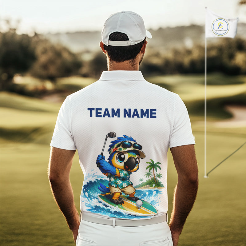 Close up of personalized surfing parrot mens golf polo shirt, breathable polyester fabric, custom name area.