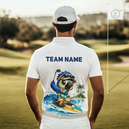 Close up of personalized surfing parrot mens golf polo shirt, breathable polyester fabric, custom name area.