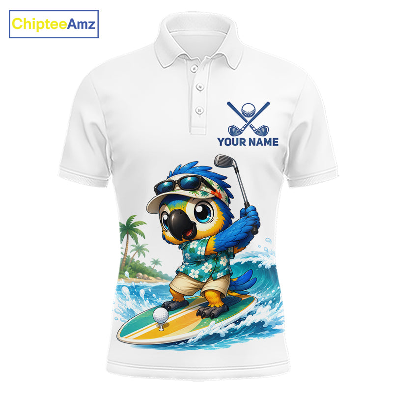 Personalized surfing parrot mens golf polo shirt, tropical beach bird golf team shirt, front view.