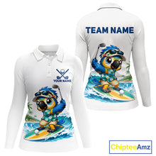 Load image into Gallery viewer, Womens golf polo shirt with surfing parrot graphic, custom name and team, tropical beach design.