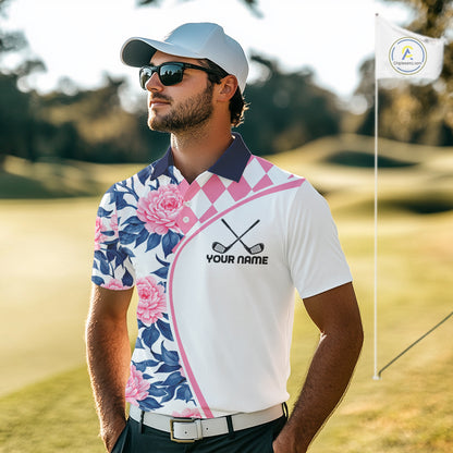 Personalized Pink Tropical Flower Mens Golf Tops Custom Team Golf Shirts, Familly Team Shirt NHT699