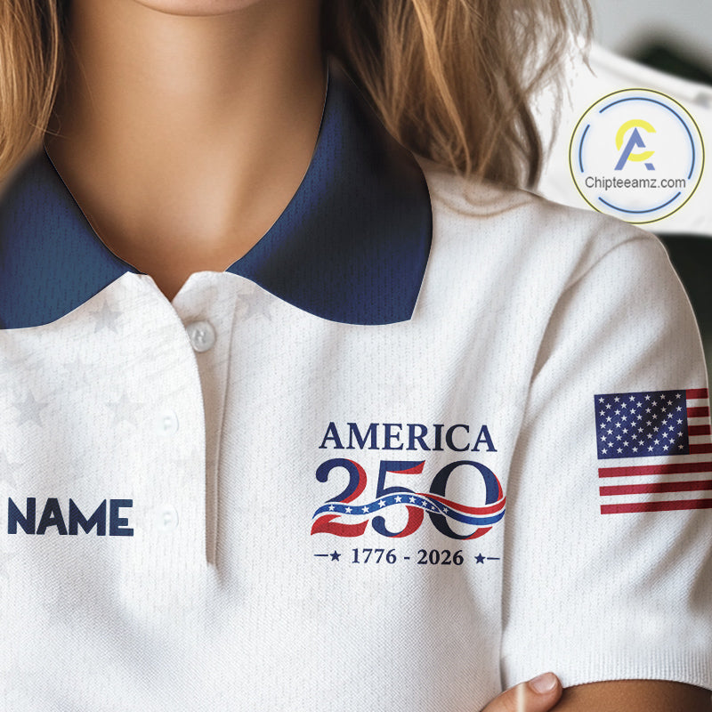 White polo shirt with 'America 250' design and American flag, featuring Chipteamz logo.