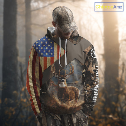 American Flag Deer Hunting Hoodie For Men – 3D Whitetail Buck Camo NHT336