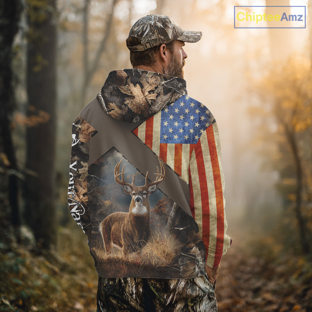 American Flag Deer Hunting Hoodie For Men – 3D Whitetail Buck Camo NHT336