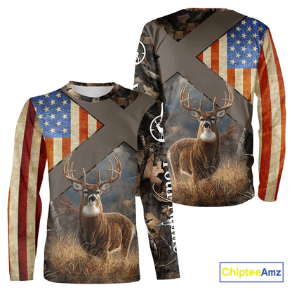 American Flag Deer Hunting Hoodie For Men – 3D Whitetail Buck Camo NHT336
