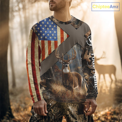 American Flag Deer Hunting Hoodie For Men – 3D Whitetail Buck Camo NHT336