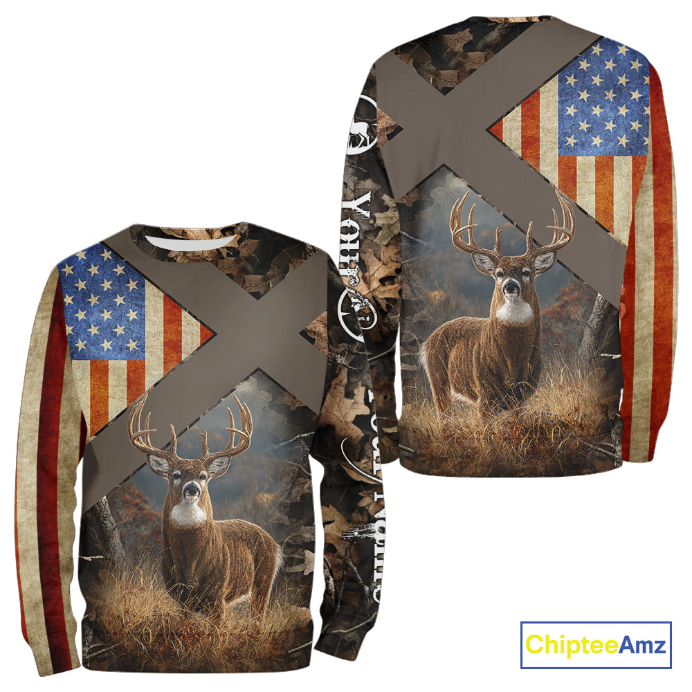 American Flag Deer Hunting Hoodie For Men – 3D Whitetail Buck Camo NHT336